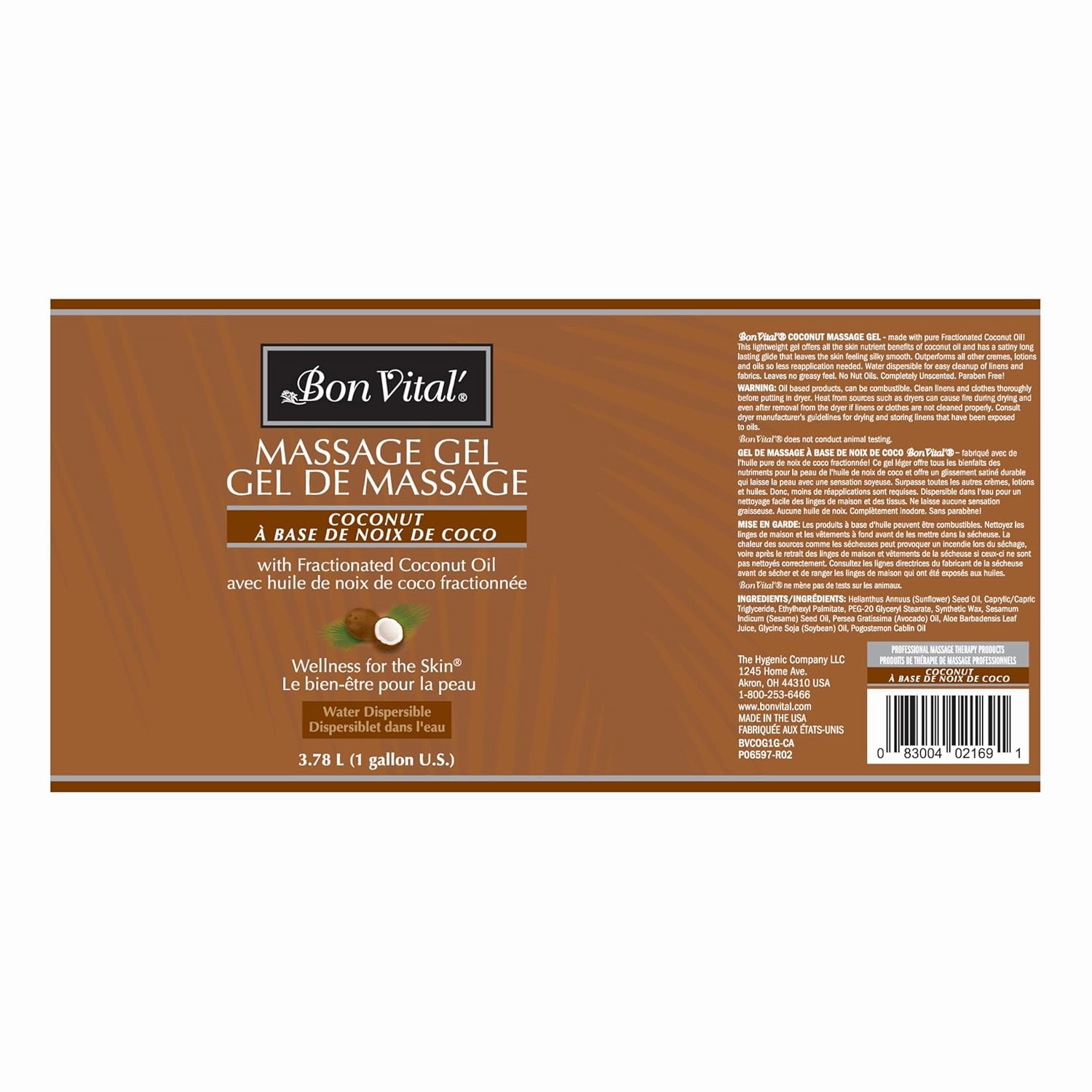 Bon Vital' Coconut Massage Gel with 100% Pure Fractionated Coconut Oil, Great for At-Home Use in Back Massages & Neck Massages, Moisturizes Skin Without Clogging Pores, 1 Gal, Label may Vary