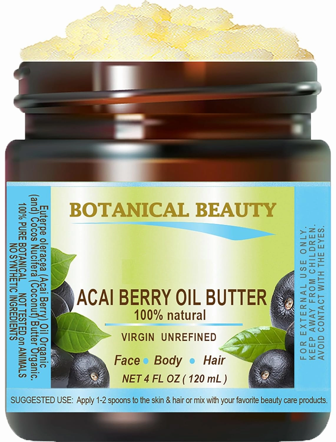 Botanical Beauty‎ ACAI BERRY OIL BUTTER 100% Natural Pure Virgin Unrefined RAW 4 Fl. Oz.- 120 ml for FACE, SKIN, BODY, DAMAGED HAIR, NAILS. Natural sources of vitamin C and vitamin E