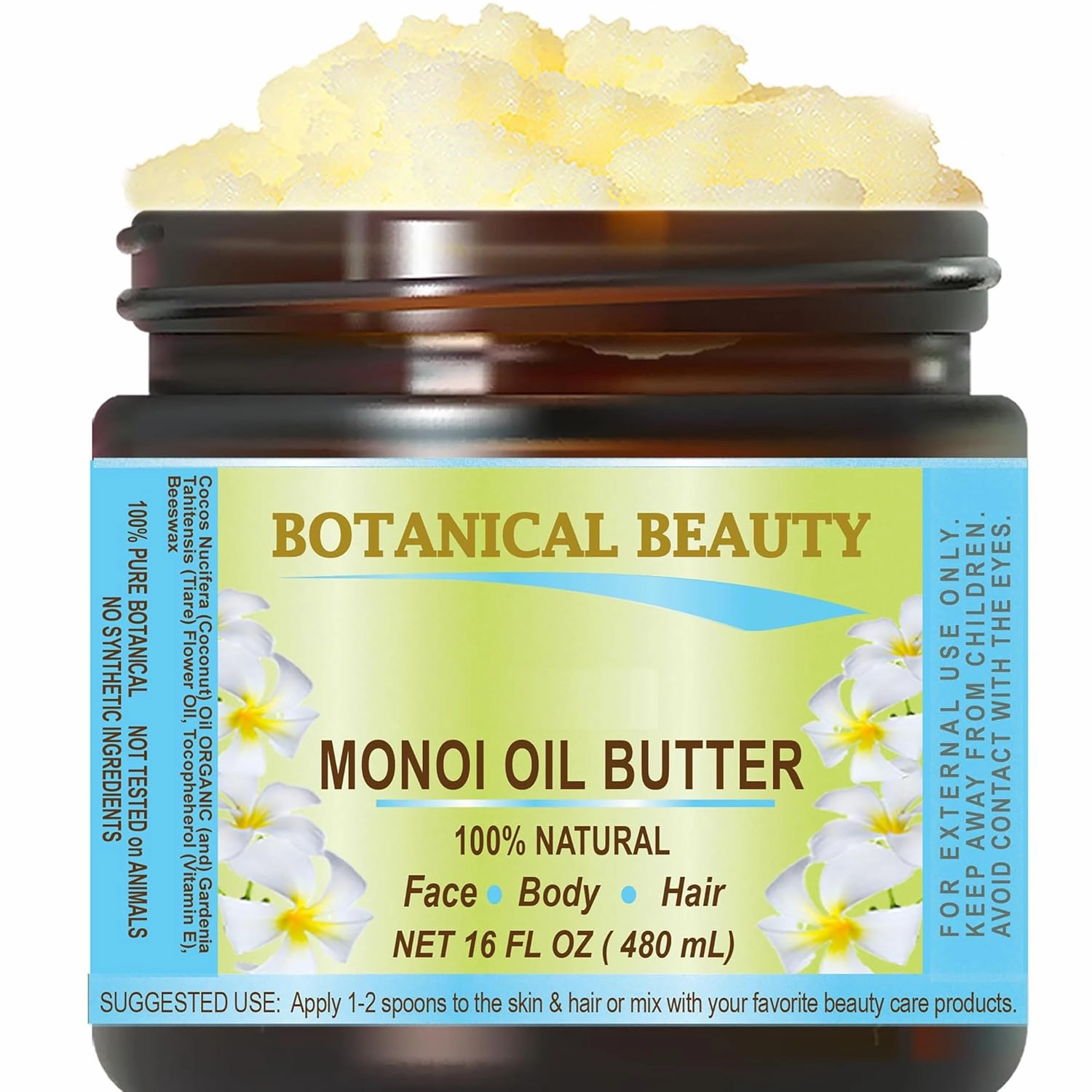 Botanical Beauty MONOI OIL BUTTER Pure Natural Virgin Unrefined RAW 16 Fl. Oz.- 480 ml for FACE, SKIN, BODY, DAMAGED HAIR, NAILS