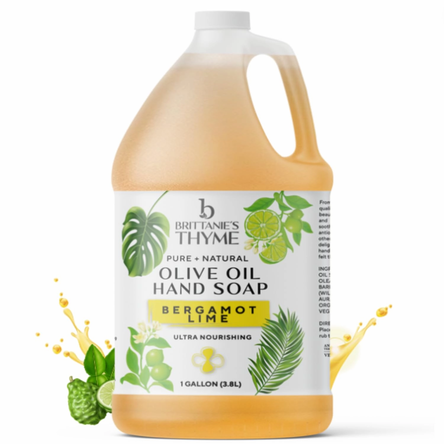 Brittanie's Bergamot Lime Pure Castile Olive Oil Liquid Soap 1 Gallon (128oz) | Face, Body Wash, Dishes, Pets & Laundry | Natural Vegan Sulfate Free, Moisturizing & Refill-Friendly