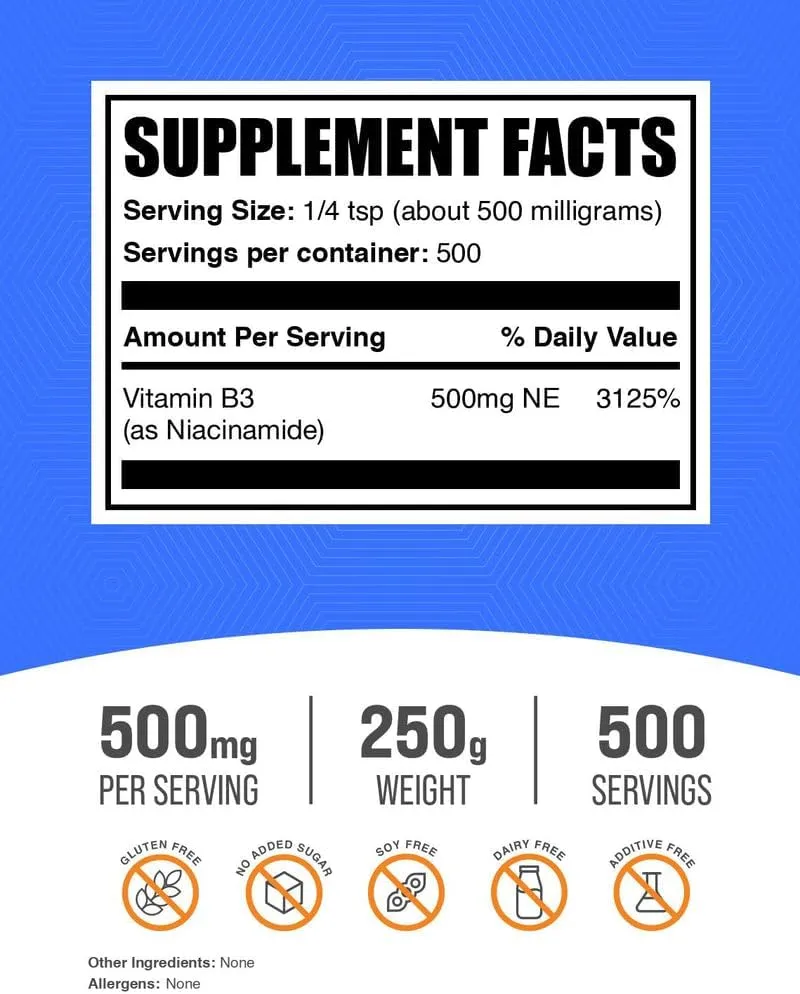 BulkSupplements.com Niacinamide Powder - Vitamin B3 Powder, Niacinamide Supplement, Niacinamide 500mg - B3 Vitamins for Skin, Gluten Free, 500mg per Serving, 250g (8.8 oz) (Pack of 1)