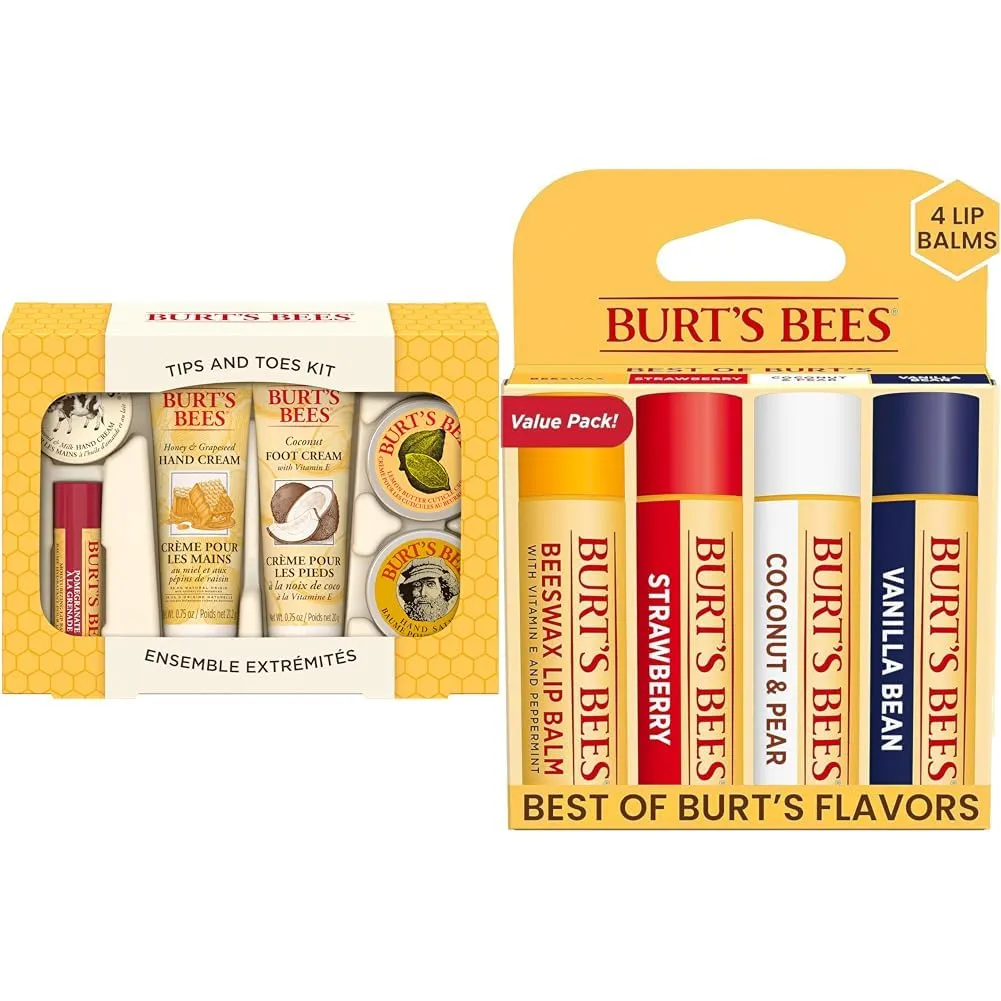 Burt's Bees Christmas Gifts & Beeswax, Strawberry, Coconut and Pear, and Vanilla Bean Lip Balm Pack, With Responsibly Sourced Beeswax, Tint-Free, Natural Lip Treatment, 4 Tubes, 0.15 oz.