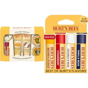 Burt's Bees Christmas Gifts & Beeswax, Strawberry, Coconut and Pear, and Vanilla Bean Lip Balm Pack, With Responsibly Sourced Beeswax, Tint-Free, Natural Lip Treatment, 4 Tubes, 0.15 oz.