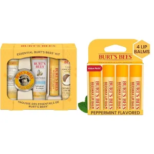 Burt's Bees Essential Everyday Beauty Gift Set, 5 Travel Size Products & 100% Natural Origin Moisturizing Lip Balm, Original Beeswax with Vitamin E & Peppermint Oil, 4 Tubes in Blister Box
