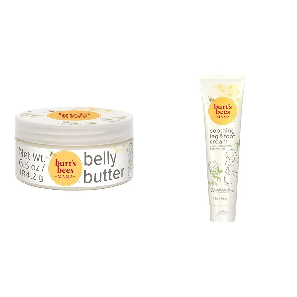 Burt's Bees Mama Bee Belly Butter, Leg & Foot Cream - Pregnancy Stretch Mark Prevention Cream, 6.5 Oz Tub & 3.38 Oz Foot Cream