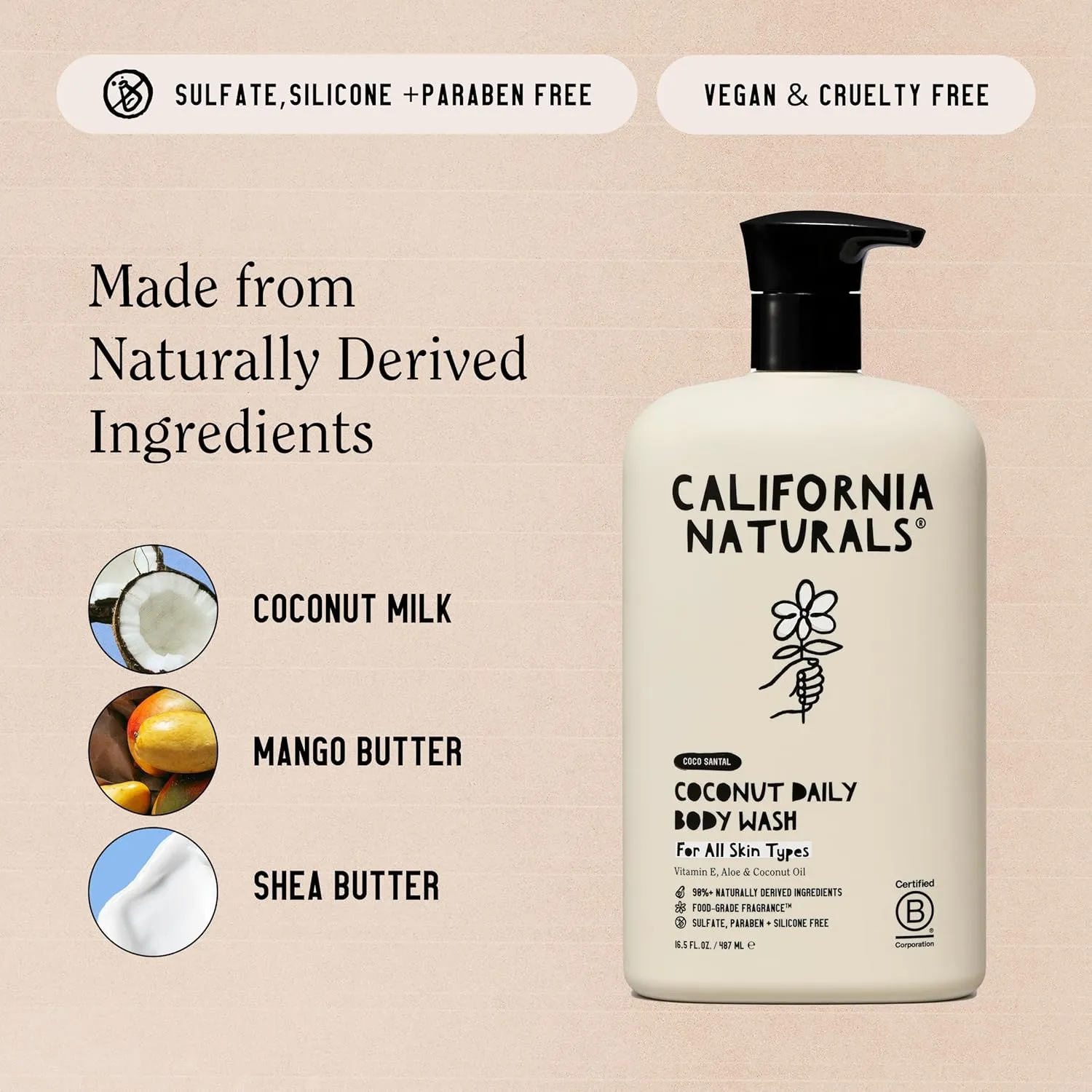 California Naturals Body Wash for Women and Men, Vitamin E Shower Gel Cleanser, Natural, Vegan & Cruelty Free, Paraben & Sulfate Free, Moisturizing Skin, Coconut, All Skin Types, 16.5 fl oz, 2 Pack
