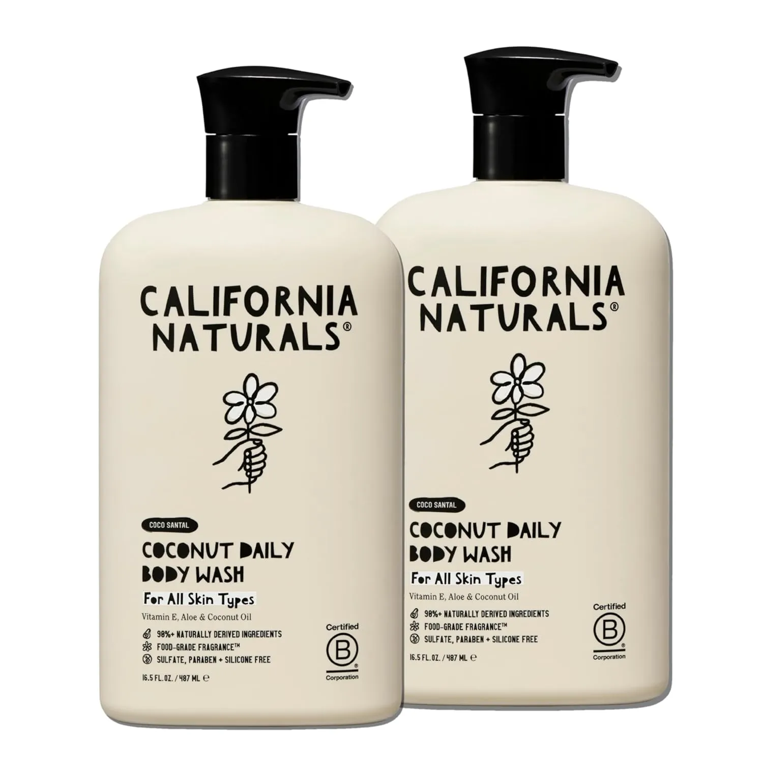 California Naturals Body Wash for Women and Men, Vitamin E Shower Gel Cleanser, Natural, Vegan & Cruelty Free, Paraben & Sulfate Free, Moisturizing Skin, Coconut, All Skin Types, 16.5 fl oz, 2 Pack