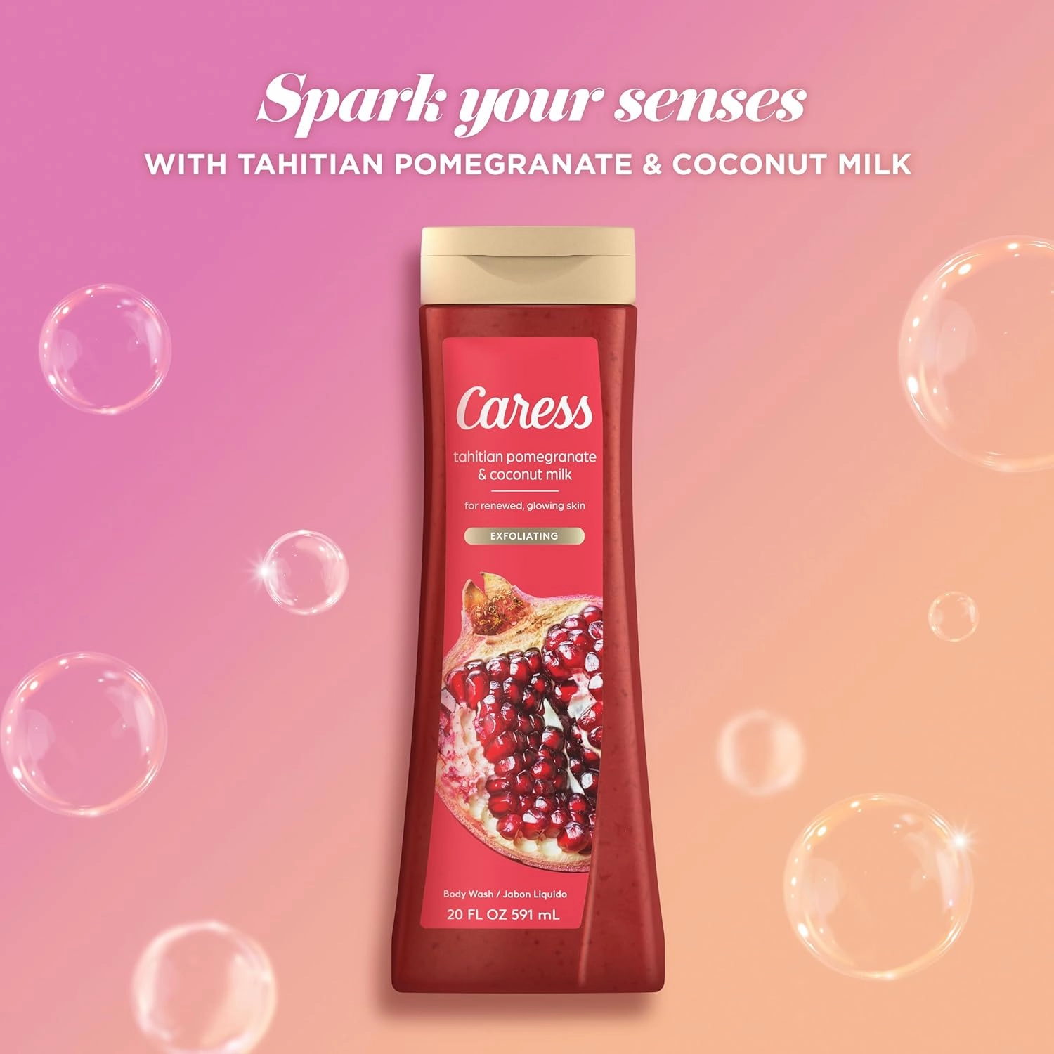 Caress Body Wash, Tahitian Pomegranate & Coconut Milk, Moisturizing Body Wash for Renewed, Glowing Skin, Exfoliating Body Soap Liquid, 20 Fl Oz (Pack of 2)
