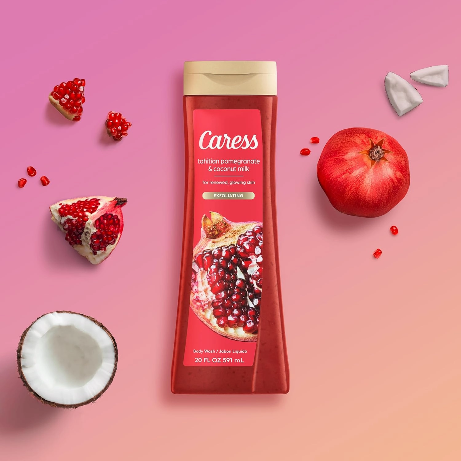 Caress Body Wash, Tahitian Pomegranate & Coconut Milk, Moisturizing Body Wash for Renewed, Glowing Skin, Exfoliating Body Soap Liquid, 20 Fl Oz (Pack of 2)