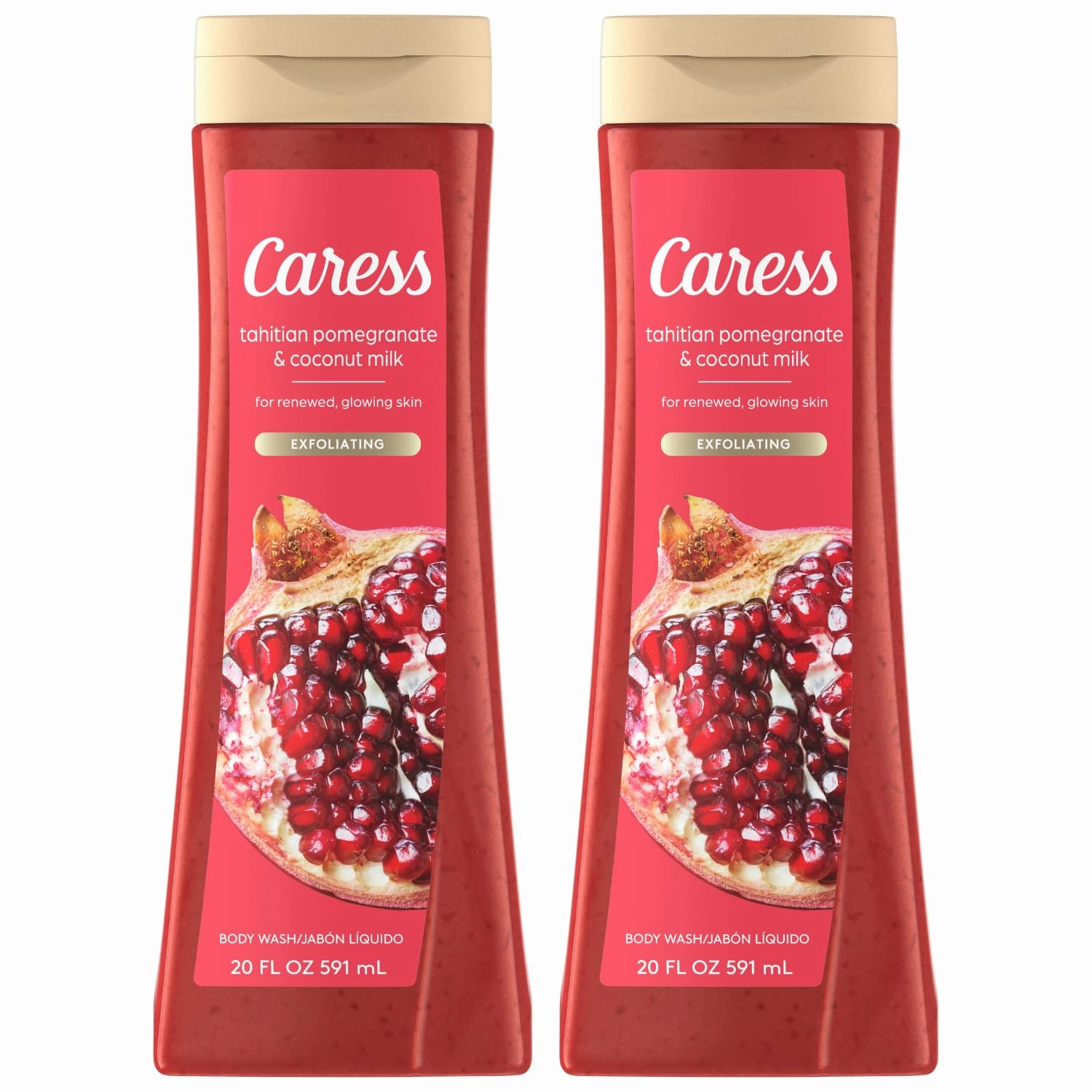 Caress Body Wash, Tahitian Pomegranate & Coconut Milk, Moisturizing Body Wash for Renewed, Glowing Skin, Exfoliating Body Soap Liquid, 20 Fl Oz (Pack of 2)