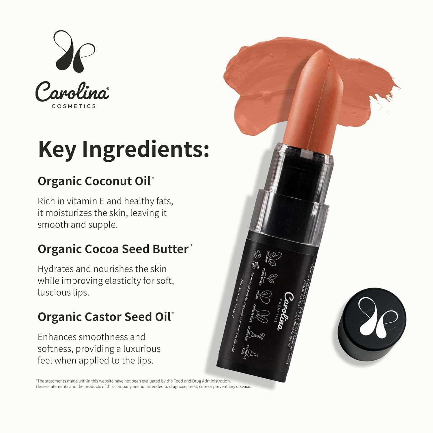 Carolina Cosmetics- Moisturizing Lipstick in Autumn Shade - Plant-Based Hydrating with Cocoa Oil, Vegan, Non-GMO, Paraben-Free - 0.15oz