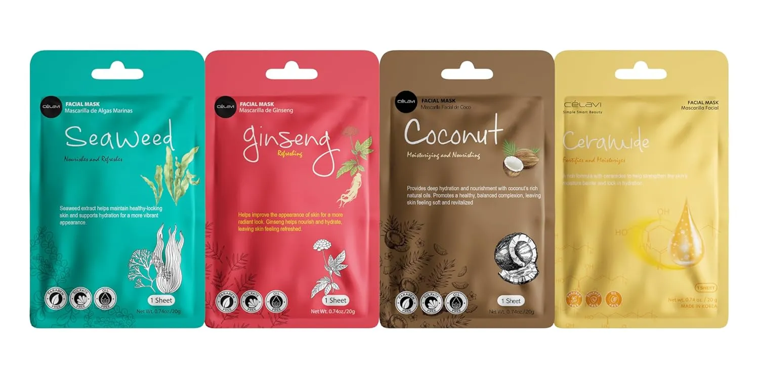 Celavi K-Beauty Skincare Essence Facial Face Mask Korea Skin Care Moisturizing B Set 48 Pack