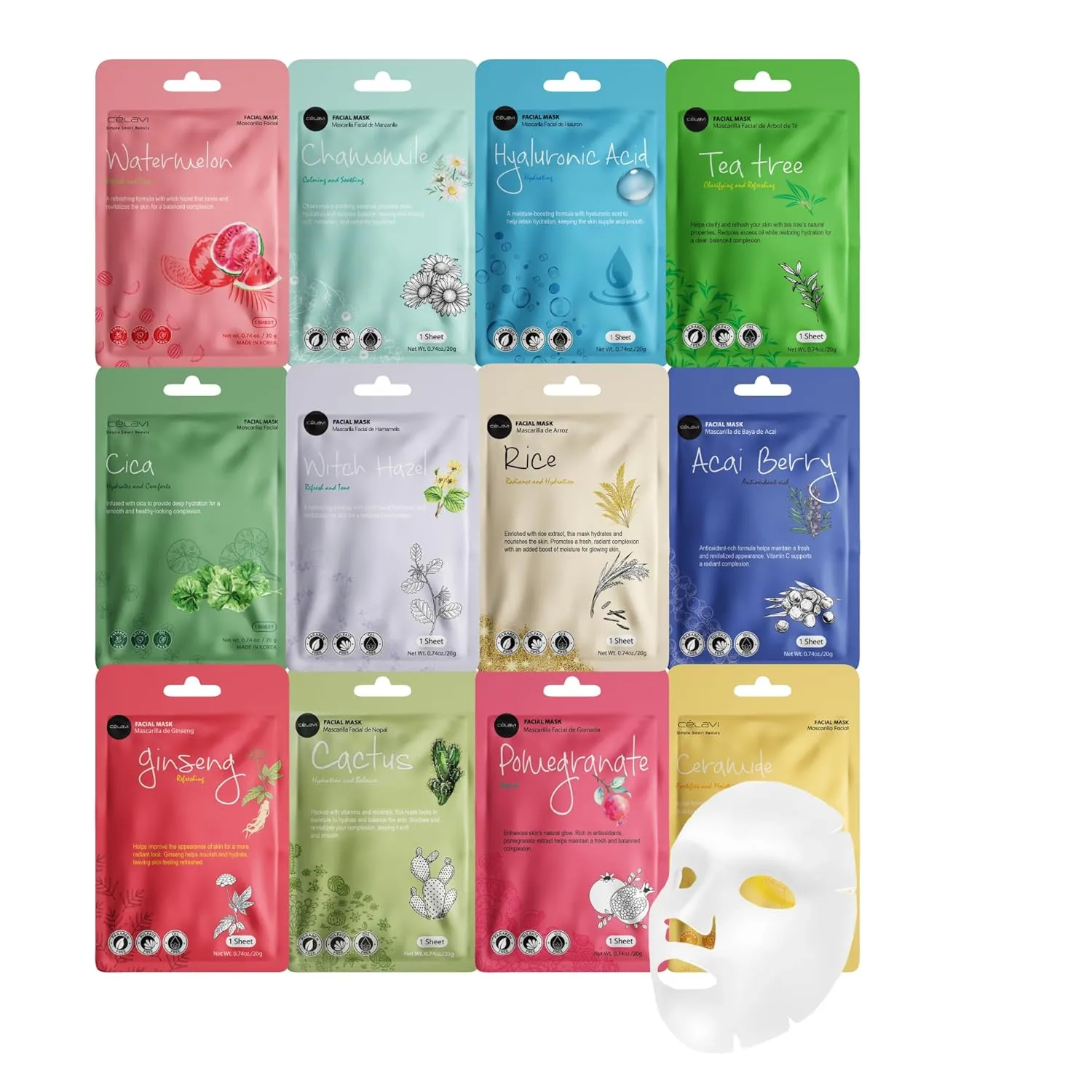 Celavi K-Beauty Skincare Essence Facial Face Mask Korea Skin Care Moisturizing C Set 36 Pack