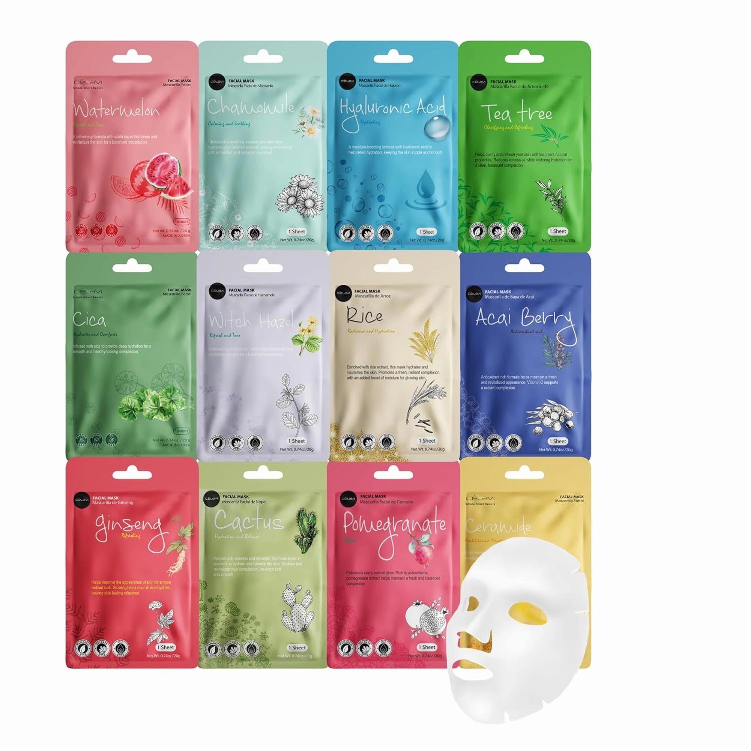 Celavi K-Beauty Skincare Essence Facial Face Mask Korea Skin Care Moisturizing C Set 24 Pack
