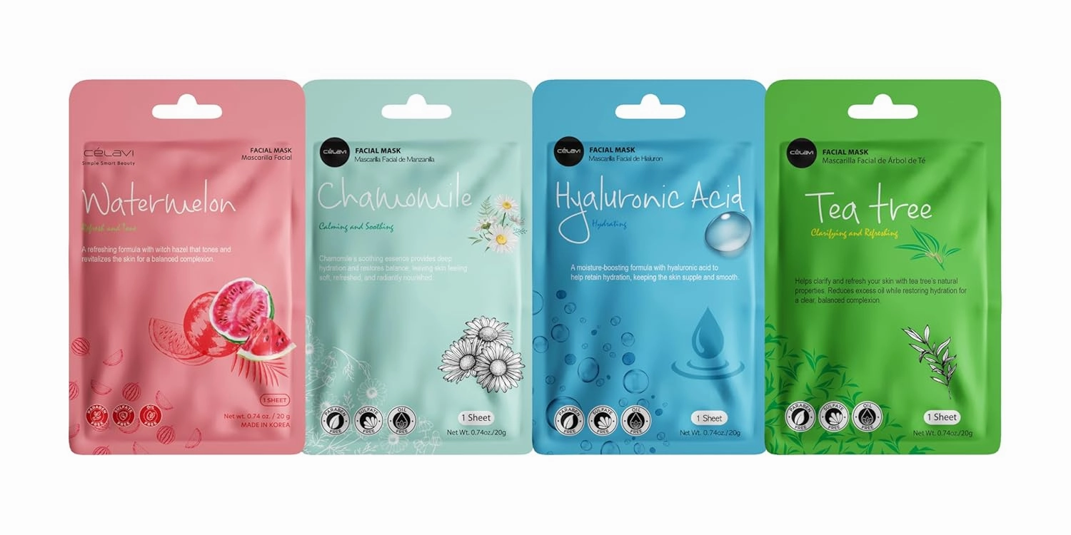 Celavi K-Beauty Skincare Essence Facial Face Mask Korea Skin Care Moisturizing C Set 24 Pack
