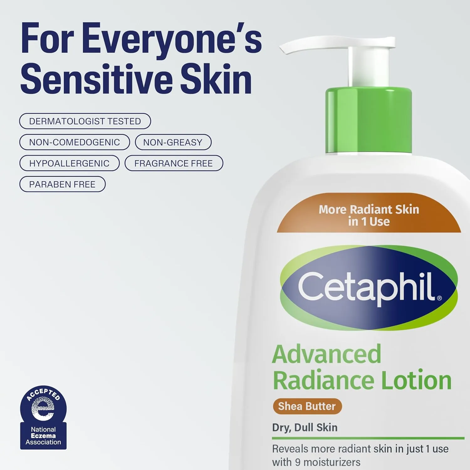 Cetaphil Body Lotion, Advanced Radiance Lotion with Shea Butter for Dry, Sensitive Skin, 20 oz, Fragrance Free, Hypoallergenic, Non-Comedogenic, Packaging may vary