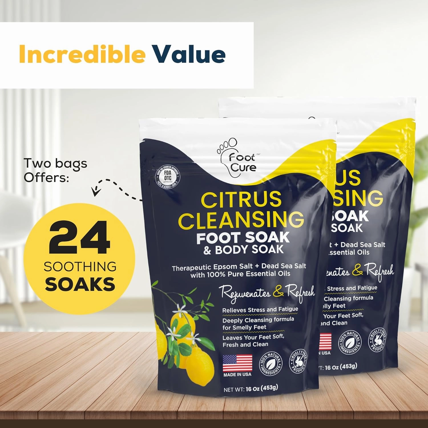 Citrus Detox Foot Soak With Epsom Salts - for Foot Callus, Immune Boost, Damaged Toenail, Athletes Foot, Pedicure and Soothes Tired Aching Feet - Made in USA 16 oz (Pack of 2)