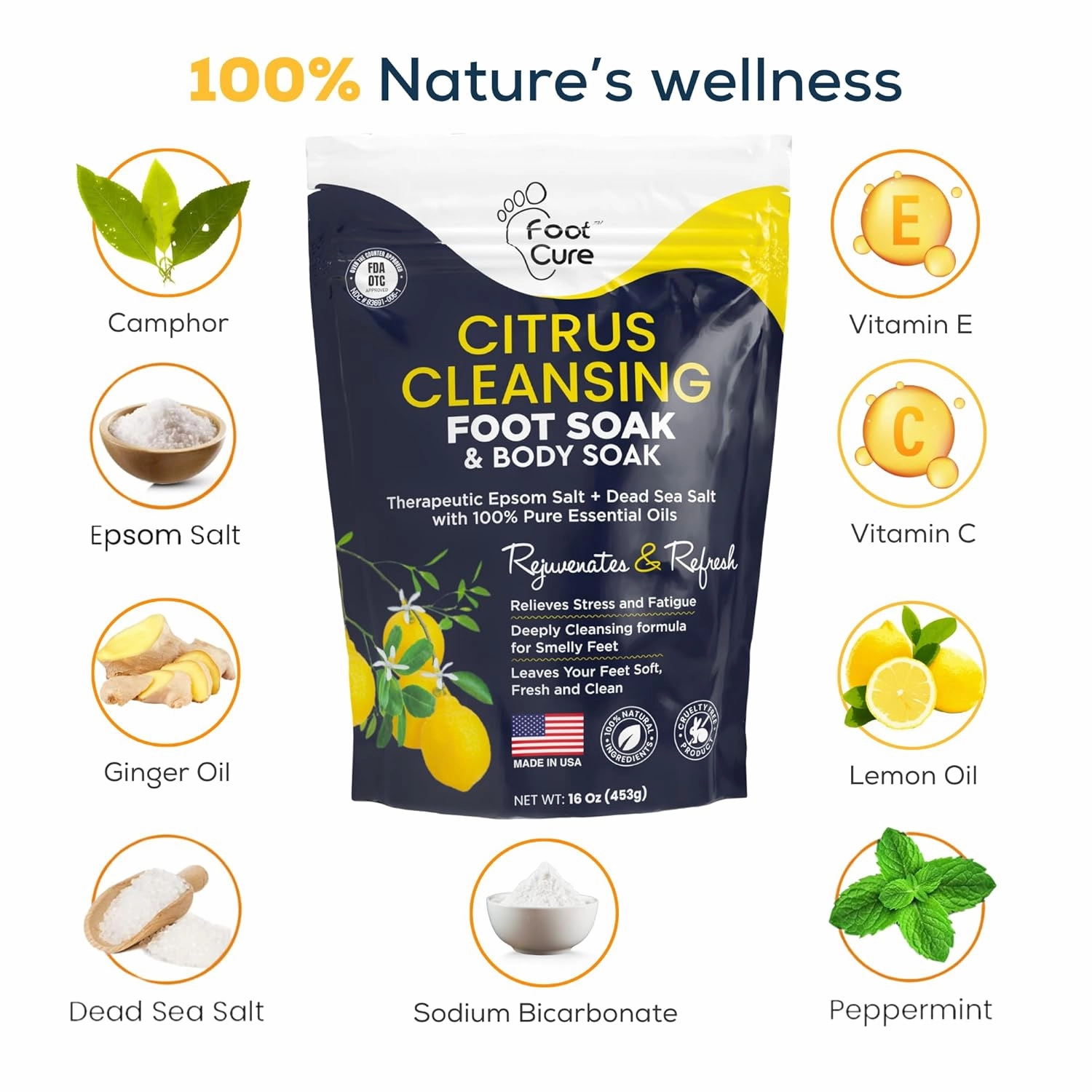 Citrus Detox Foot Soak With Epsom Salts - for Foot Callus, Immune Boost, Damaged Toenail, Athletes Foot, Pedicure and Soothes Tired Aching Feet - Made in USA 16 oz (Pack of 2)