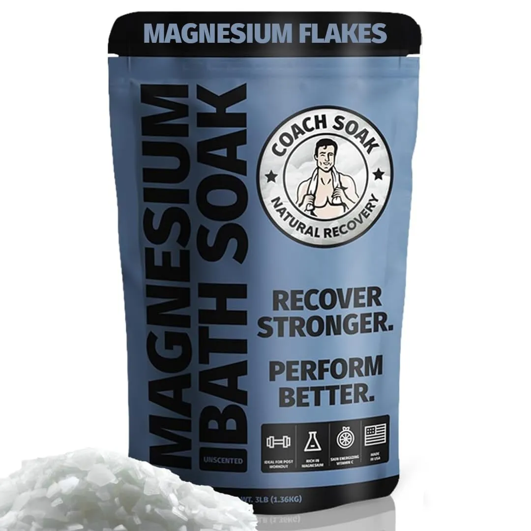 Coach Soak Recovery Bath Soak - Faster Absorption Than Epsom Salt for Pain - Rejuvenating Magnesium Flakes with 21 Minerals, Essential Oils & Bath Salts, 3lbs (Unscented)