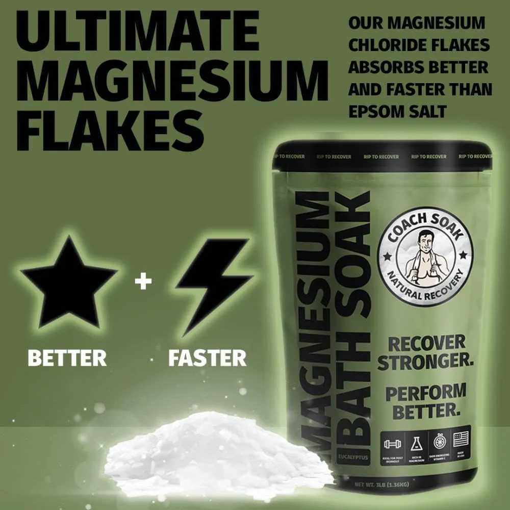 Coach Soak: Recovery Bath Soak – Rejuvenating Post Workout Natural Magnesium Flakes - 21 Minerals, Essential Oils & Dead Sea Bath Salts - Absorbs Faster Than Epsom Salts, 3lbs (Eucalyptus Tea Tree)
