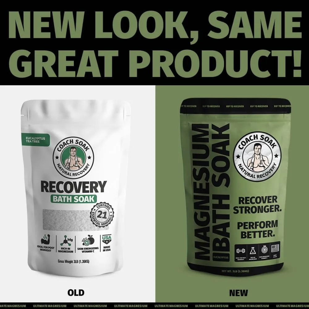 Coach Soak: Recovery Bath Soak – Rejuvenating Post Workout Natural Magnesium Flakes - 21 Minerals, Essential Oils & Dead Sea Bath Salts - Absorbs Faster Than Epsom Salts, 3lbs (Eucalyptus Tea Tree)