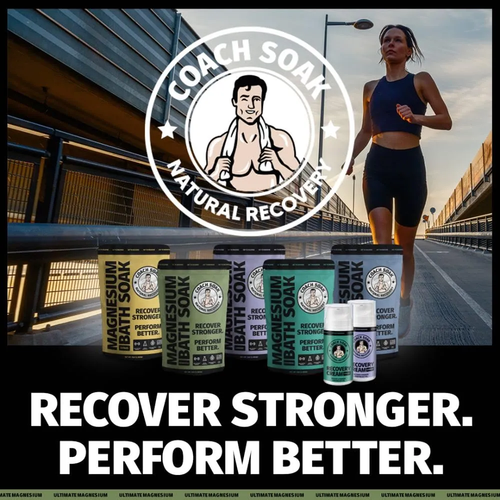 Coach Soak: Recovery Bath Soak – Rejuvenating Post Workout Natural Magnesium Flakes - 21 Minerals, Essential Oils & Dead Sea Bath Salts - Absorbs Faster Than Epsom Salts, 3lbs (Eucalyptus Tea Tree)