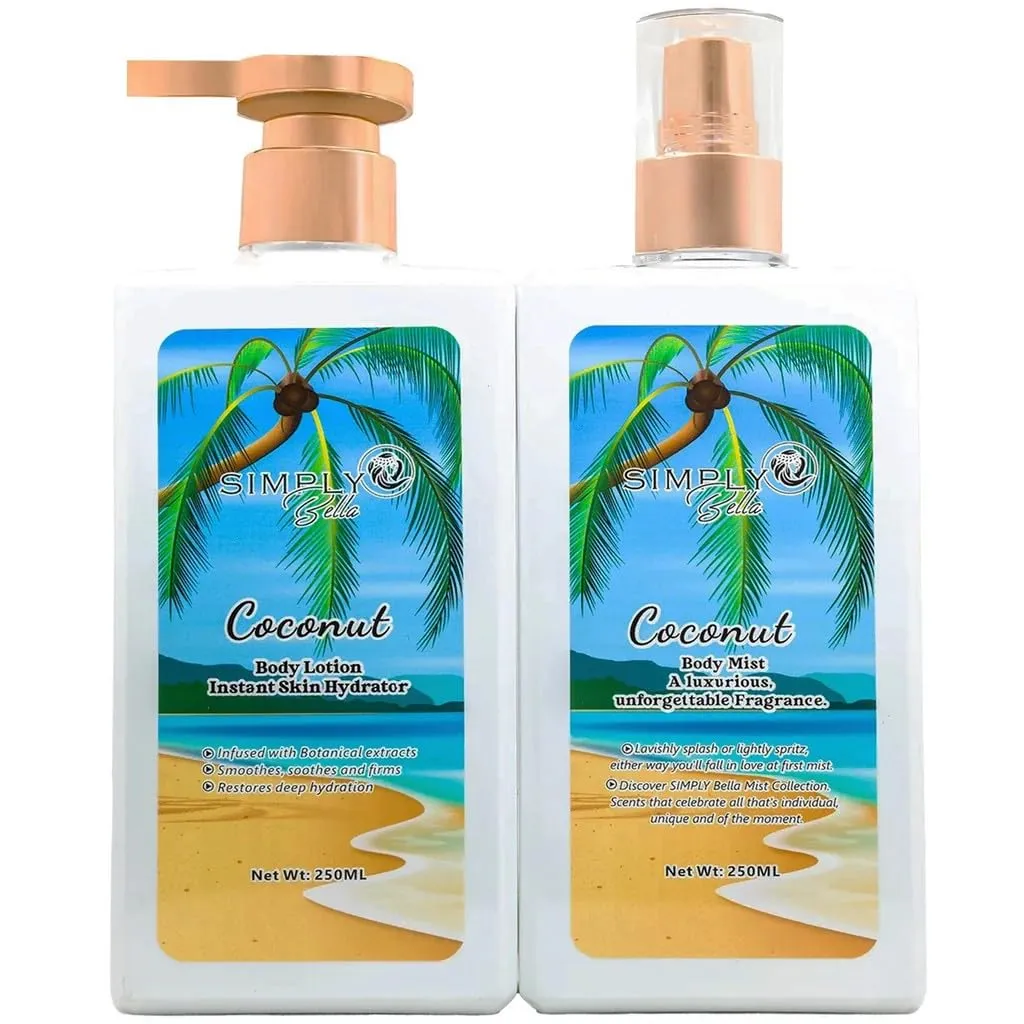 Coconut Body Lotion and Mist Set, 250ml Each, Instant Skin Hydrator with Tropical Extracts. Moisturizing and skin shine. SPA, Beauty Salon