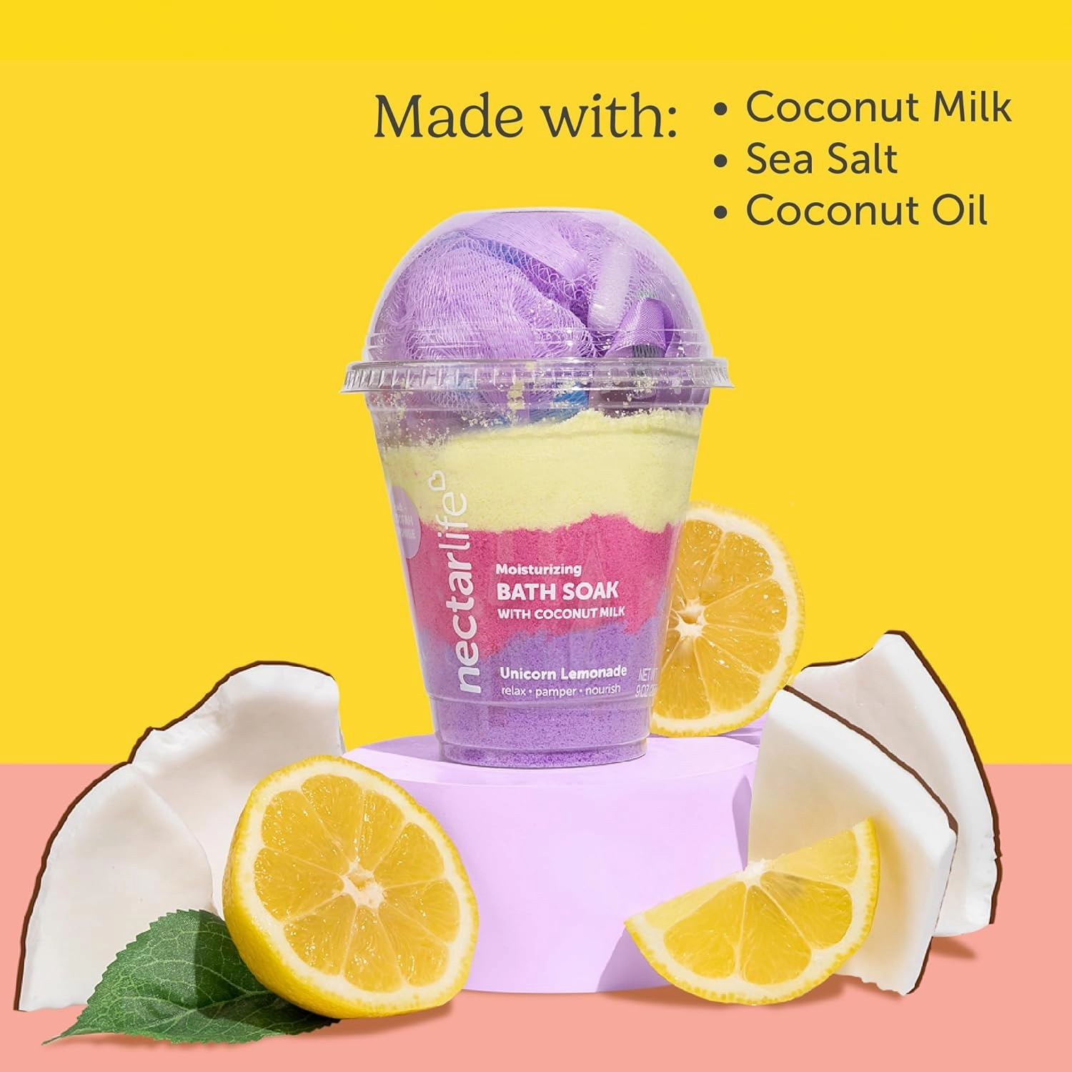 Coconut Milk Bath Soak, Sea Salt Bath, Bubble Bath, Natural Detox Foaming Body Soak, Foot Soak, Vegan Body Skin Care, 9 oz. (Unicorn Lemonade)