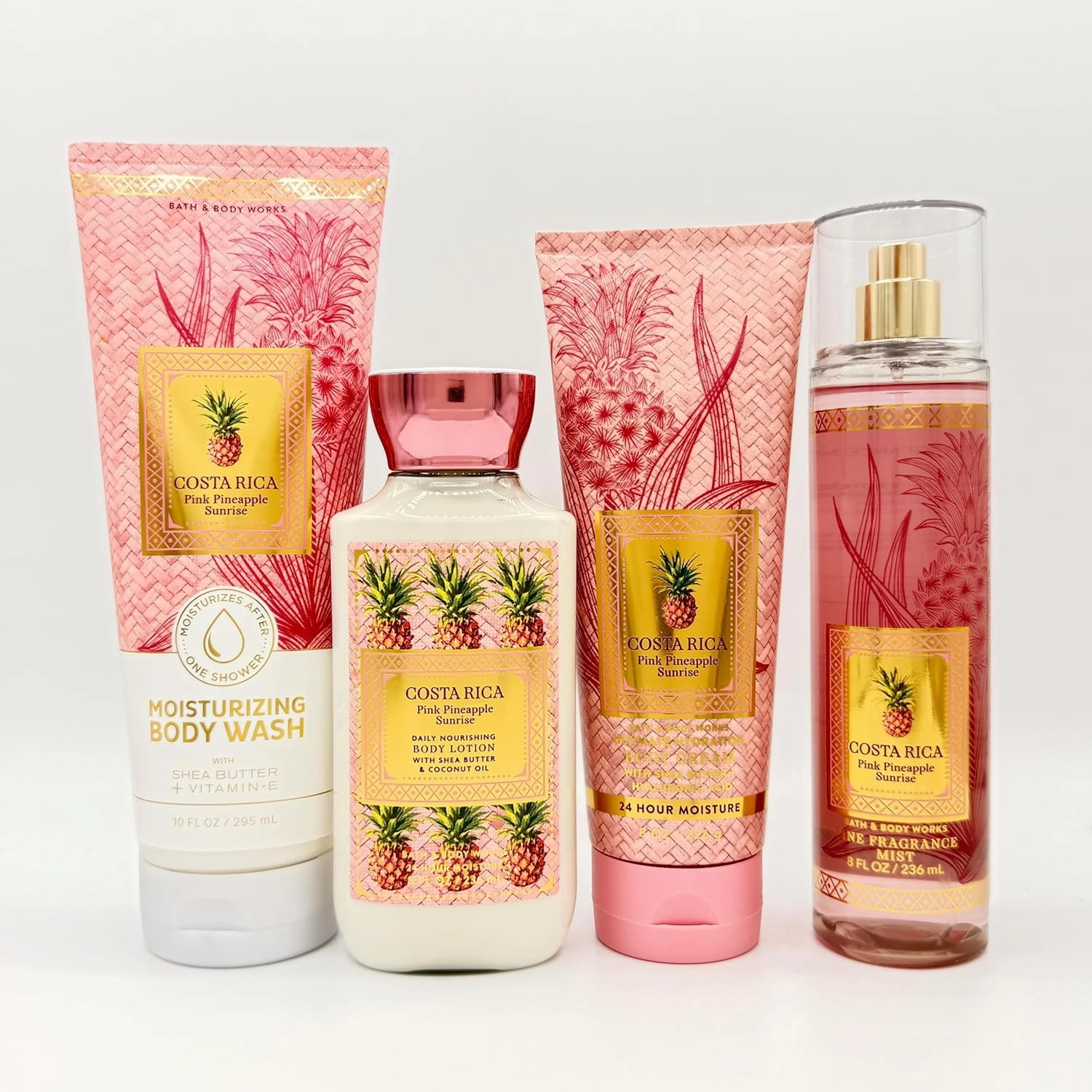 Costa Rica Pink Pineapple Sunrise 4-Piece Bath Bundle | Moisturizing Body Wash, Body Lotion, Ultimate Hydration Body Cream and Fine Fragrance Mist