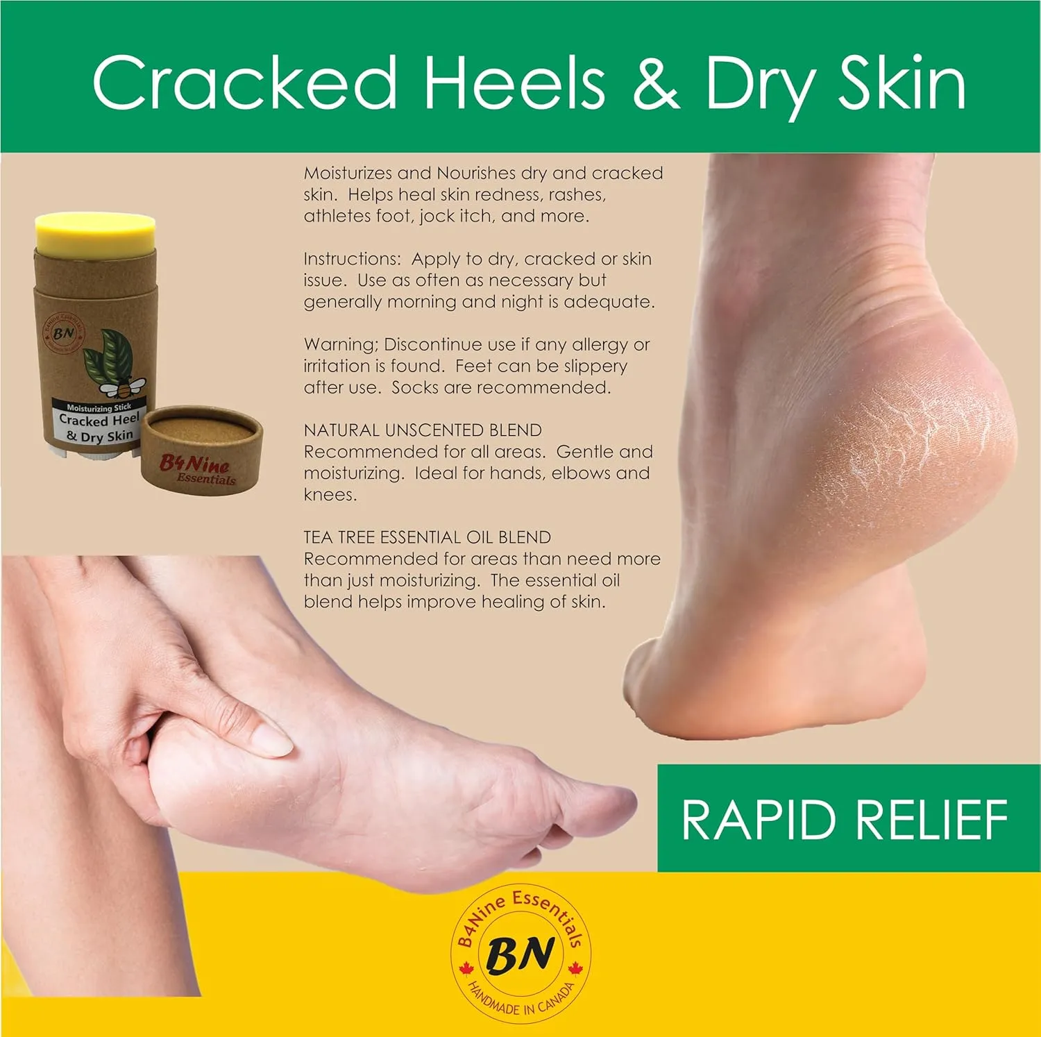 Cracked Heel Repair Foot Cream Stick for Dry Skin Heel Moisturizer Balm Treatment. Made in Canada 2.5oz (2 Pack, Natural)