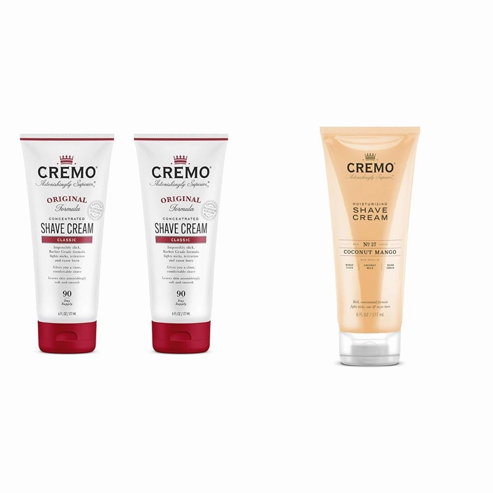 Cremo Barber and Coconut Mango Shave Creams, Ultra-Slick Formulas Fight Razor Burn, Nicks and Cuts, 12 oz Total (2 Pack)