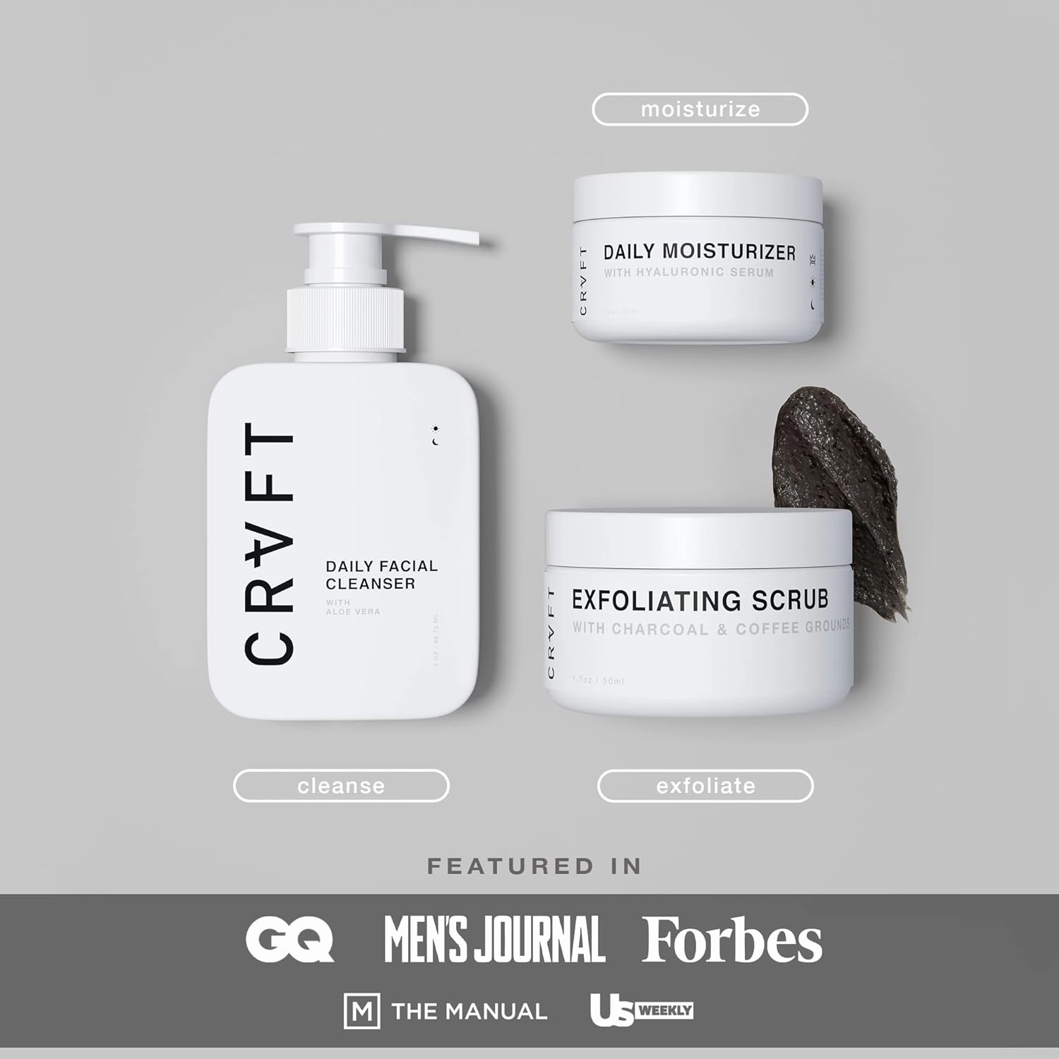 CRVFT Men’s Facial Care Kit | Aloe Vera Face Wash 3oz | Hyaluronic Moisturizer 1oz | Charcoal Exfoliating Scrub 1.7oz | 3 Piece Complete Daily Skin Care System | Look   Feel Your Best [Scented]