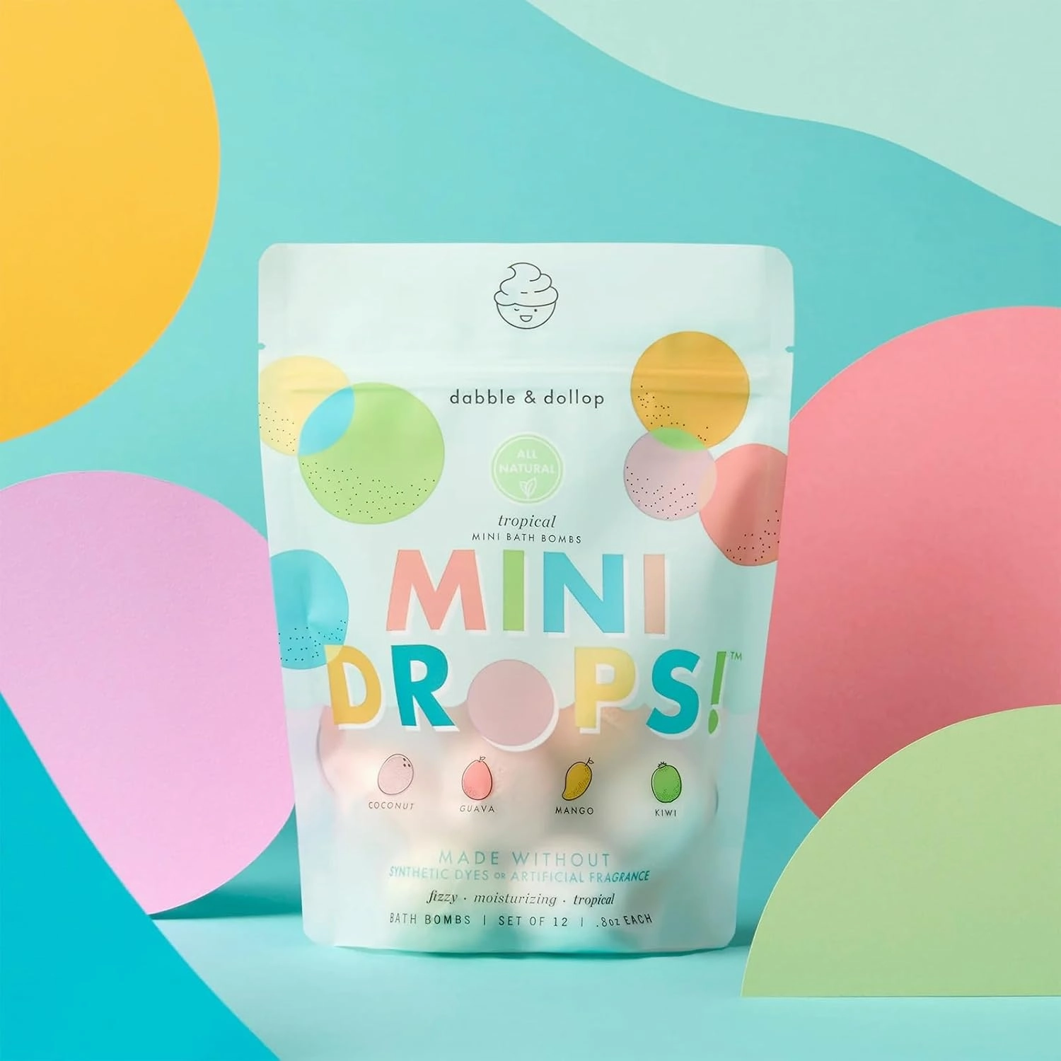 Dabble & Dollop Tropical Mini Bath Bombs & Coconut Shampoo, Body Wash and Bubble Bath for Kids - All Natural Scents, Resealable Pouch, USA Made, Vegan, Gluten-Free, Cruelty-Free (Pack of 2)
