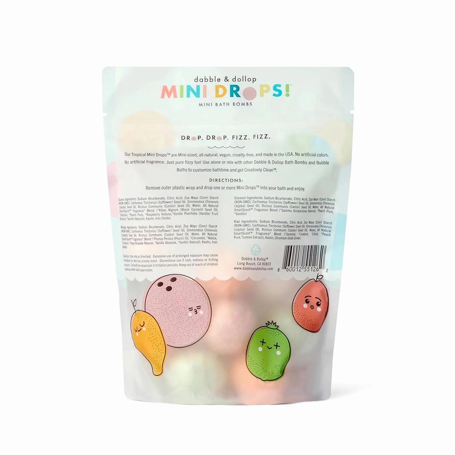 Dabble & Dollop Tropical Mini Bath Bombs & Coconut Shampoo, Body Wash and Bubble Bath for Kids - All Natural Scents, Resealable Pouch, USA Made, Vegan, Gluten-Free, Cruelty-Free (Pack of 2)