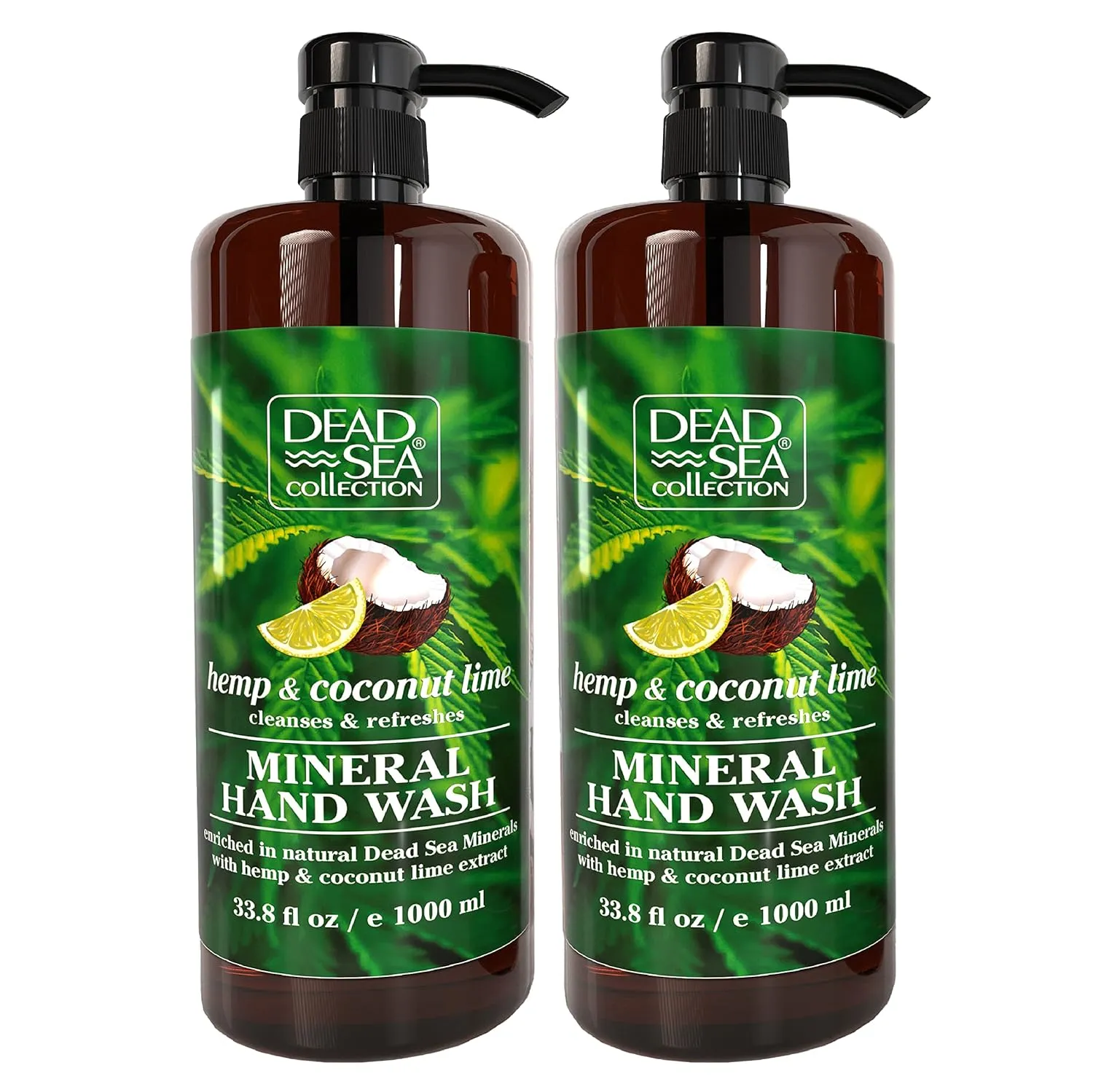Dead Sea Collection Hand Soap Pump Hemp & Coconut Lime - Moisturizing Hand Wash with Dead Sea Minerals - Cleanses & Refreshes with Hemp - Coconut, Lime Oils, Pack of 2 (33.8 Fl Oz Each)
