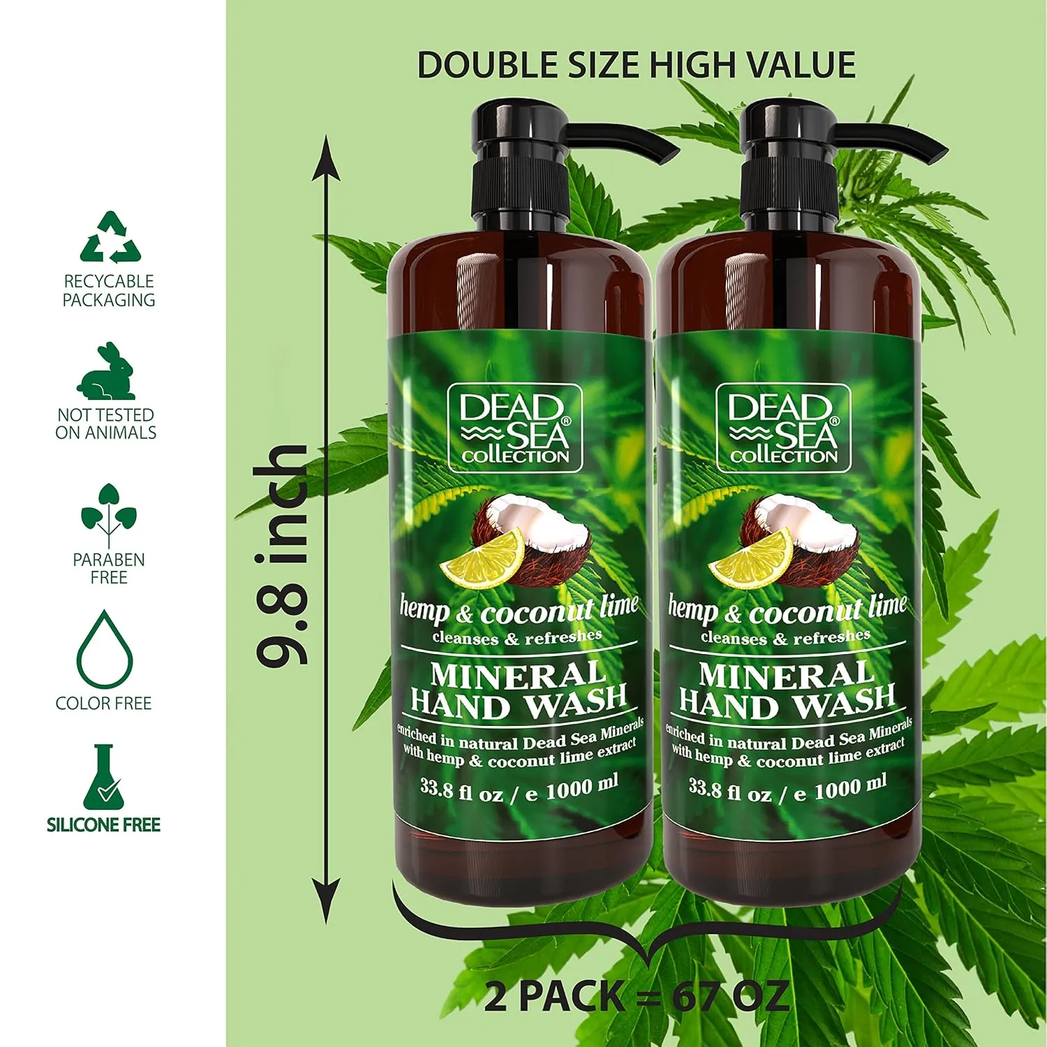Dead Sea Collection Hand Soap Pump Hemp & Coconut Lime - Moisturizing Hand Wash with Dead Sea Minerals - Cleanses & Refreshes with Hemp - Coconut, Lime Oils, Pack of 2 (33.8 Fl Oz Each)