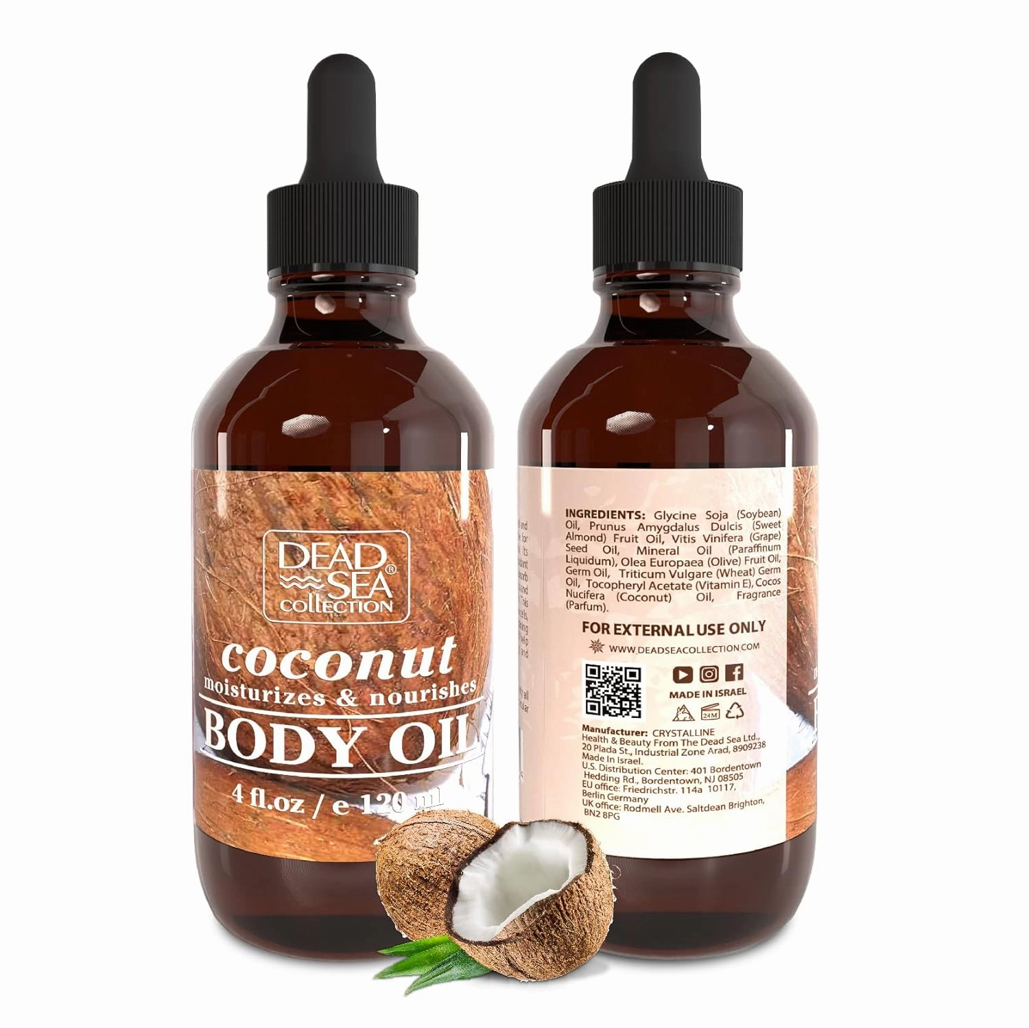 Dead Sea Collection Body Oil for Dry Skin- Scented Coconut – Vitamin E Moisturizing & Nourishing, Anti-Aging & Skin Elasticity Support for Face Pack of 2 (4 Fl. Oz Each)