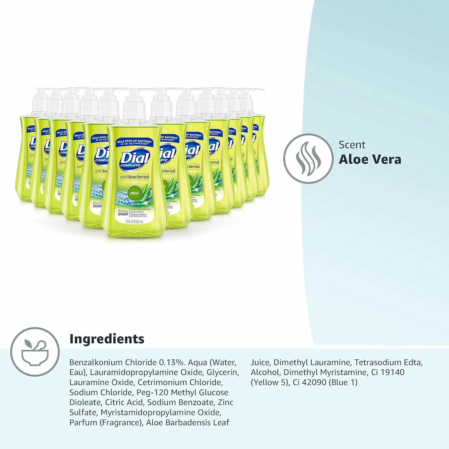 Dial Complete Antibacterial Liquid Hand Soap, Aloe Scent, 7.5 fl oz (12 count)