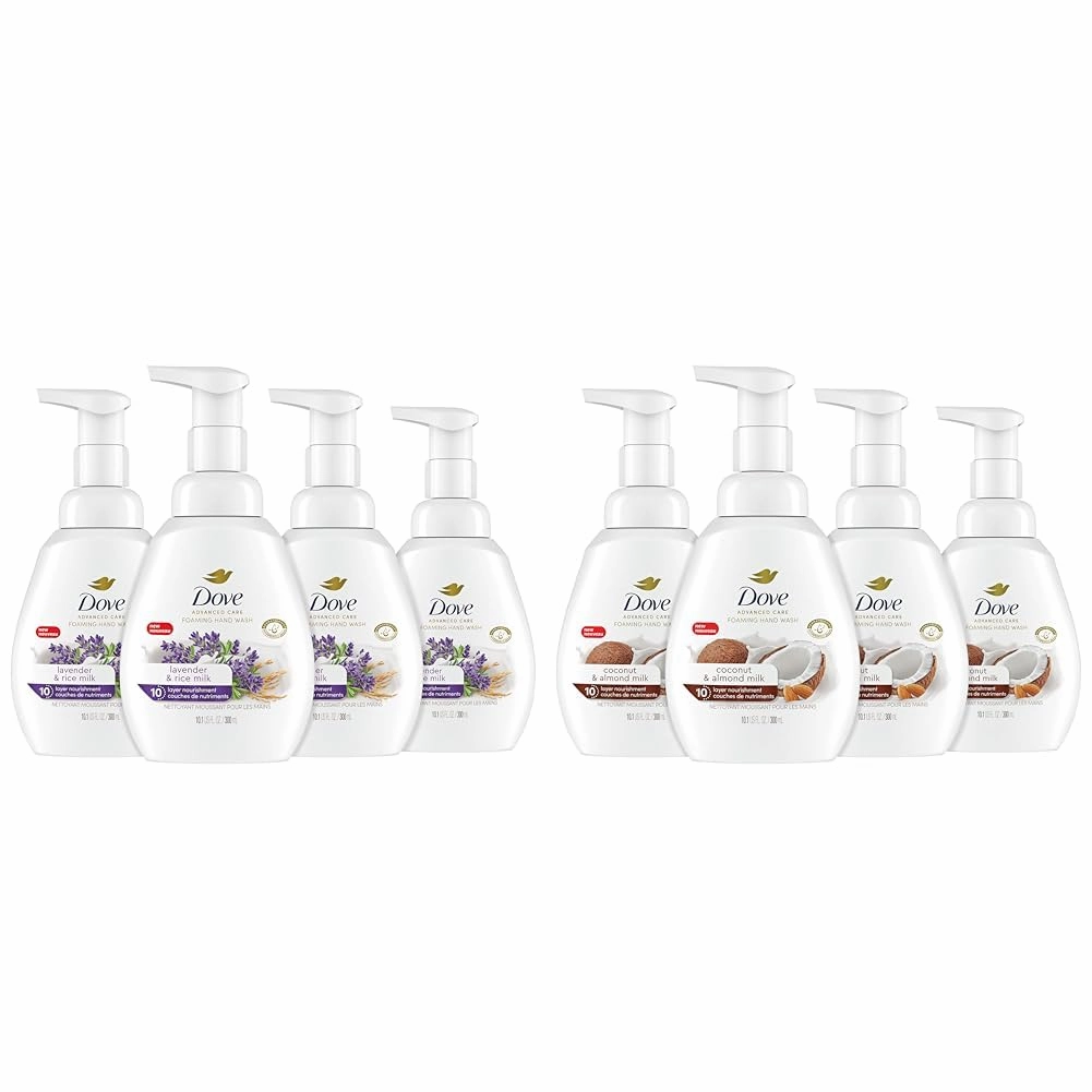 Dove Advanced Care Foaming Hand Wash Lavender & Rice Milk and Coconut & Almond Milk Packs of 4, 10.1 oz Each, Moisturizes Skin 10 Layers Deep