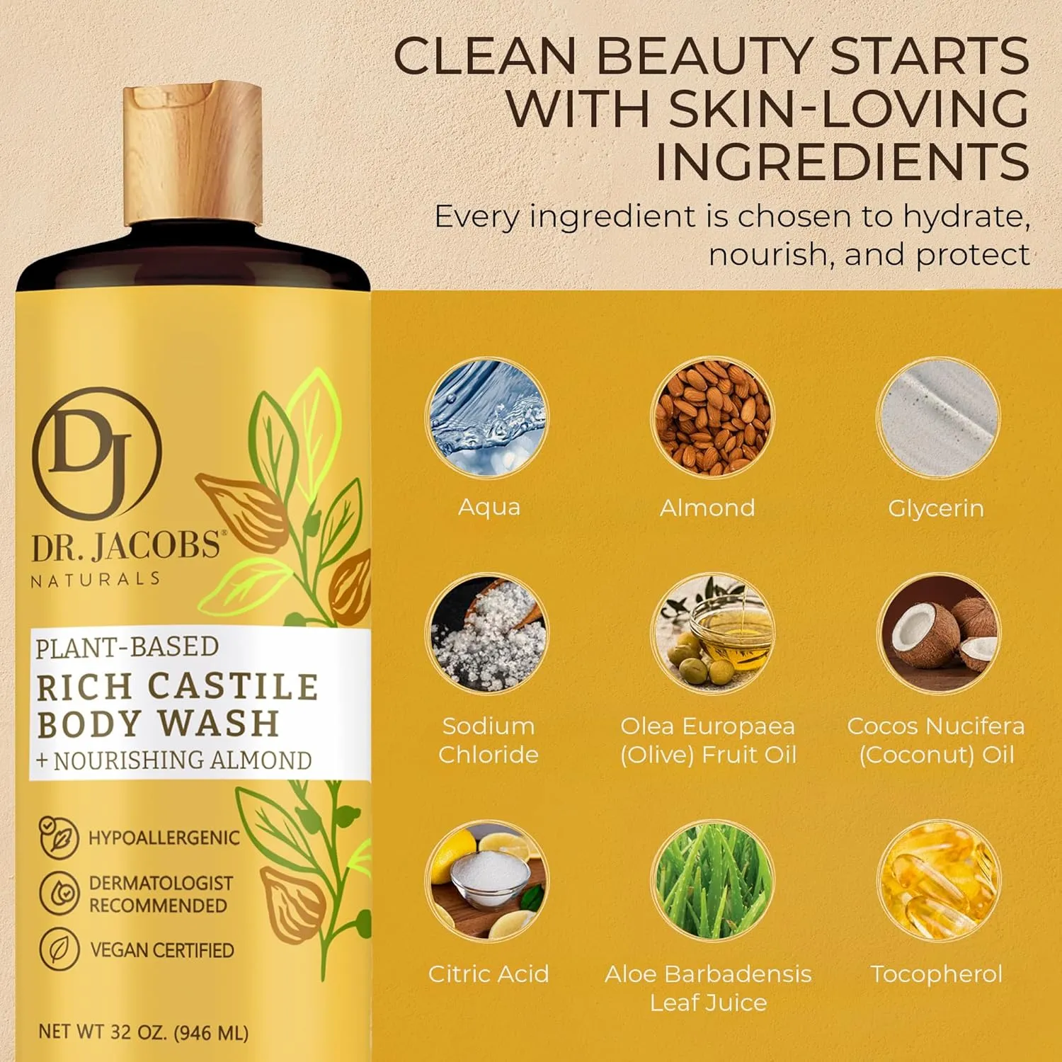 Dr. Jacobs Naturals Castile Almond All-Natural Body Wash for Moisturizing Dry and Sensitive Skin with Plant-Based Ingredients with Pump - 32 Ounce