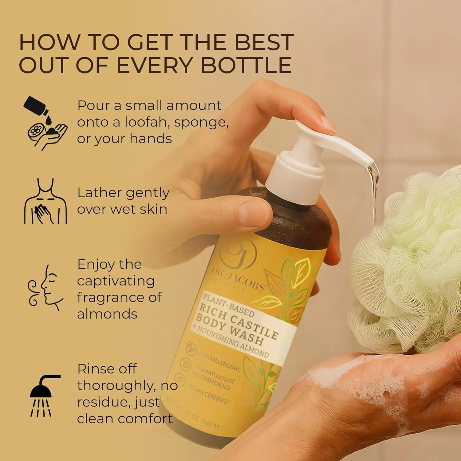Dr. Jacobs Naturals Castile Almond All-Natural Body Wash for Moisturizing Dry and Sensitive Skin with Plant-Based Ingredients with Pump - 32 Ounce