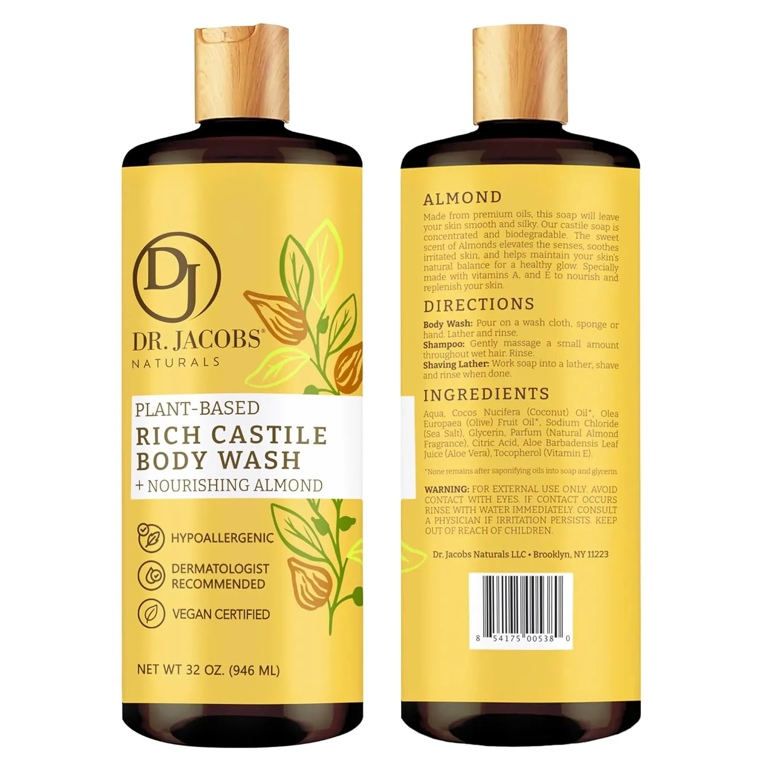 Dr. Jacobs Naturals Castile Almond All-Natural Body Wash for Moisturizing Dry and Sensitive Skin with Plant-Based Ingredients with Pump - 32 Ounce