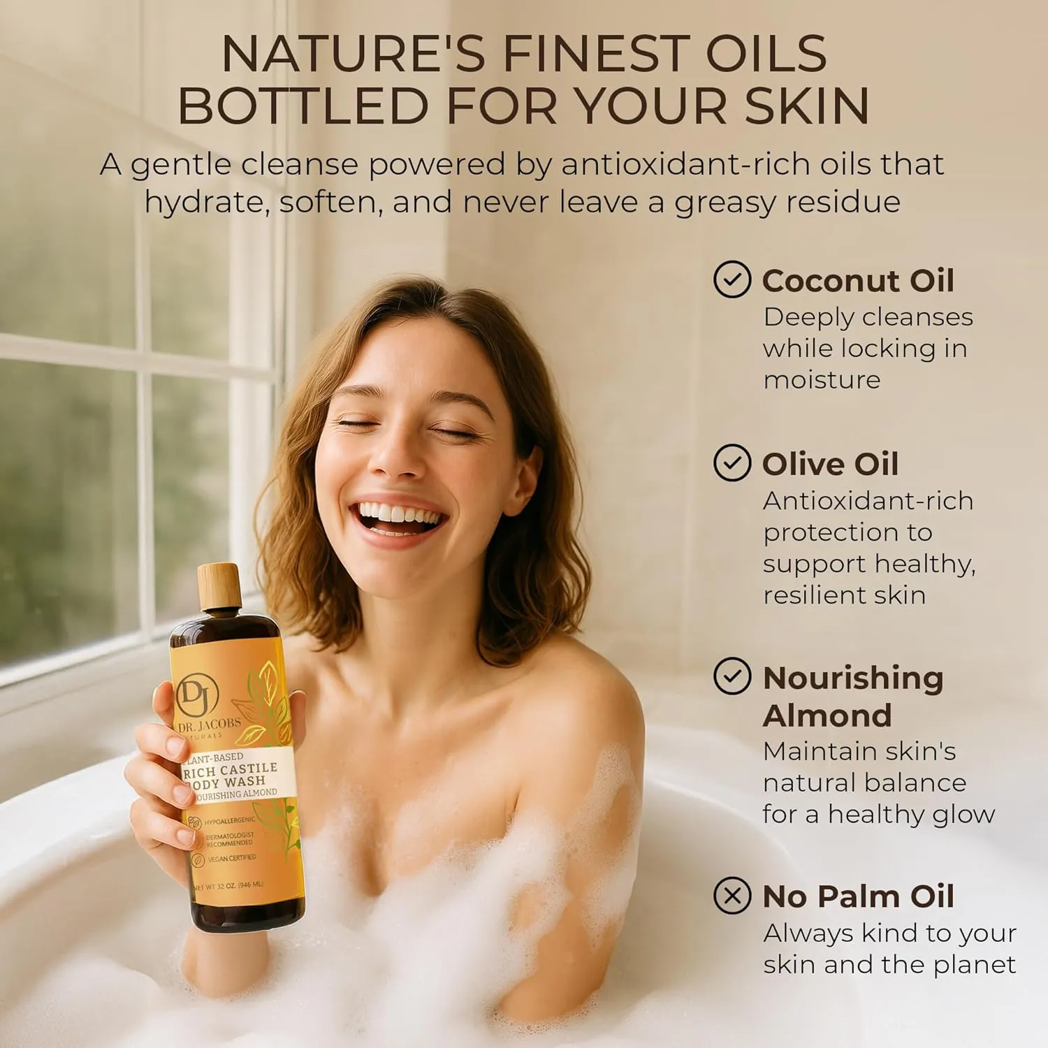 Dr. Jacobs Naturals Castile Almond All-Natural Body Wash for Moisturizing Dry and Sensitive Skin with Plant-Based Ingredients with Pump - 32 Ounce