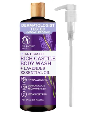 Dr. Jacobs Naturals Castile Lavender All-Natural Body Wash for Moisturizing Dry and Sensitive Skin with Plant-Based Ingredients with Pump - 32 Ounce