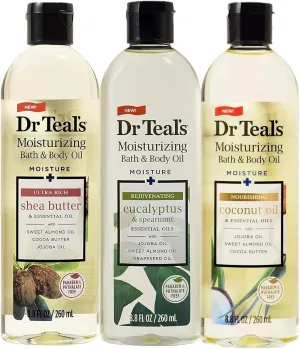 Dr. Teals Bath & Body Oil Variety Gift Set (3 Pack, 8.8oz Ea.) - Rejuvenating Eucalyptus, Ultra Rich Shea Butter, & Nourishing Coconut Oil - Essential Oils Hydrate Skin & Alleviate Stress
