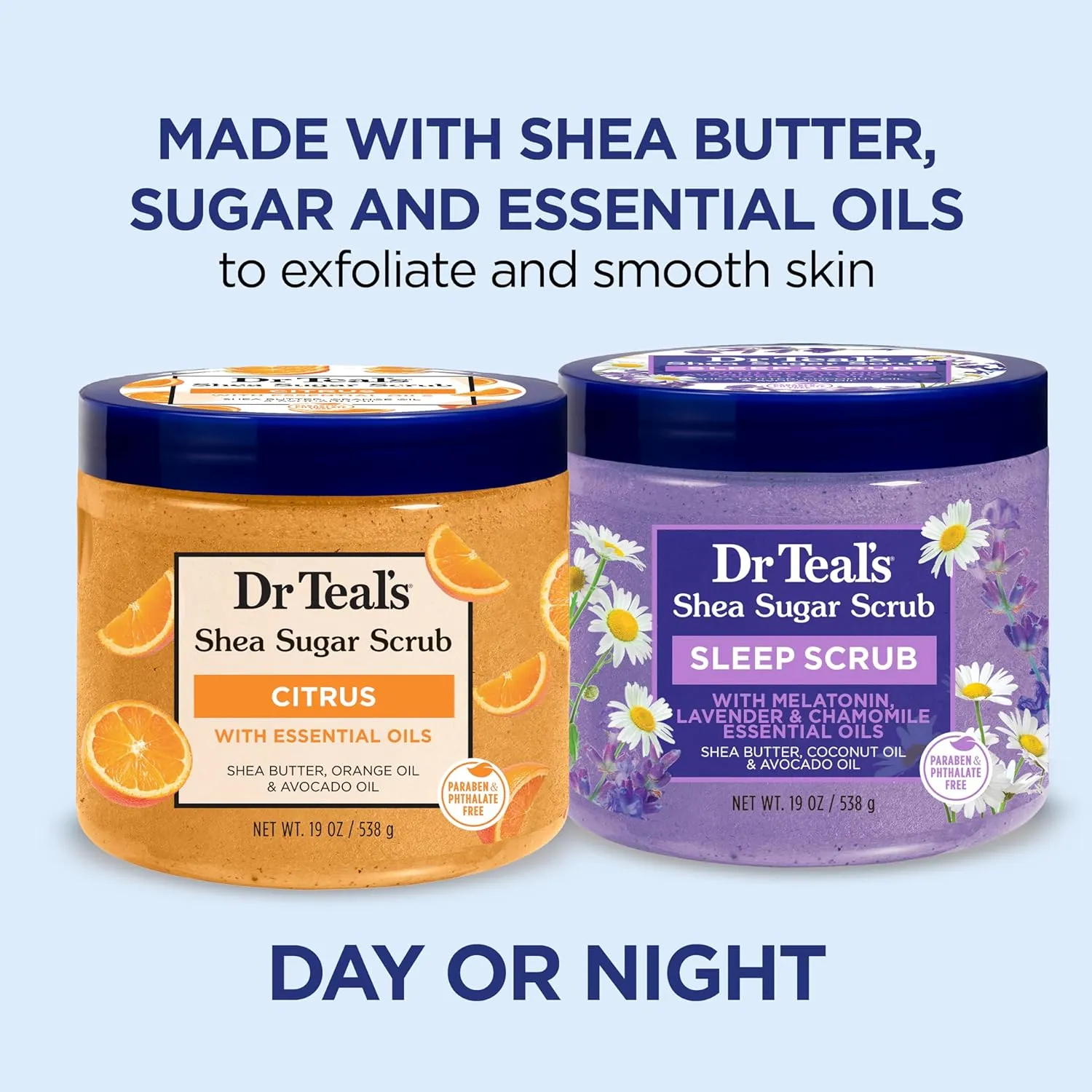 Dr Teal's Shea Sugar Body Scrub, Daytime/Nighttime with Vitamin C and Sleep Blend, 19 oz (Pack of 2)