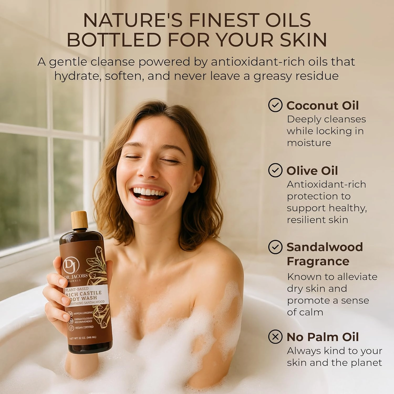 Dr. Jacobs Naturals Castile Sandalwood All-Natural Body Wash for Moisturizing Dry and Sensitive Skin with Plant-Based Ingredients with Pump - 32 Ounce