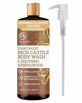 Dr. Jacobs Naturals Castile Sandalwood All-Natural Body Wash for Moisturizing Dry and Sensitive Skin with Plant-Based Ingredients with Pump - 32 Ounce