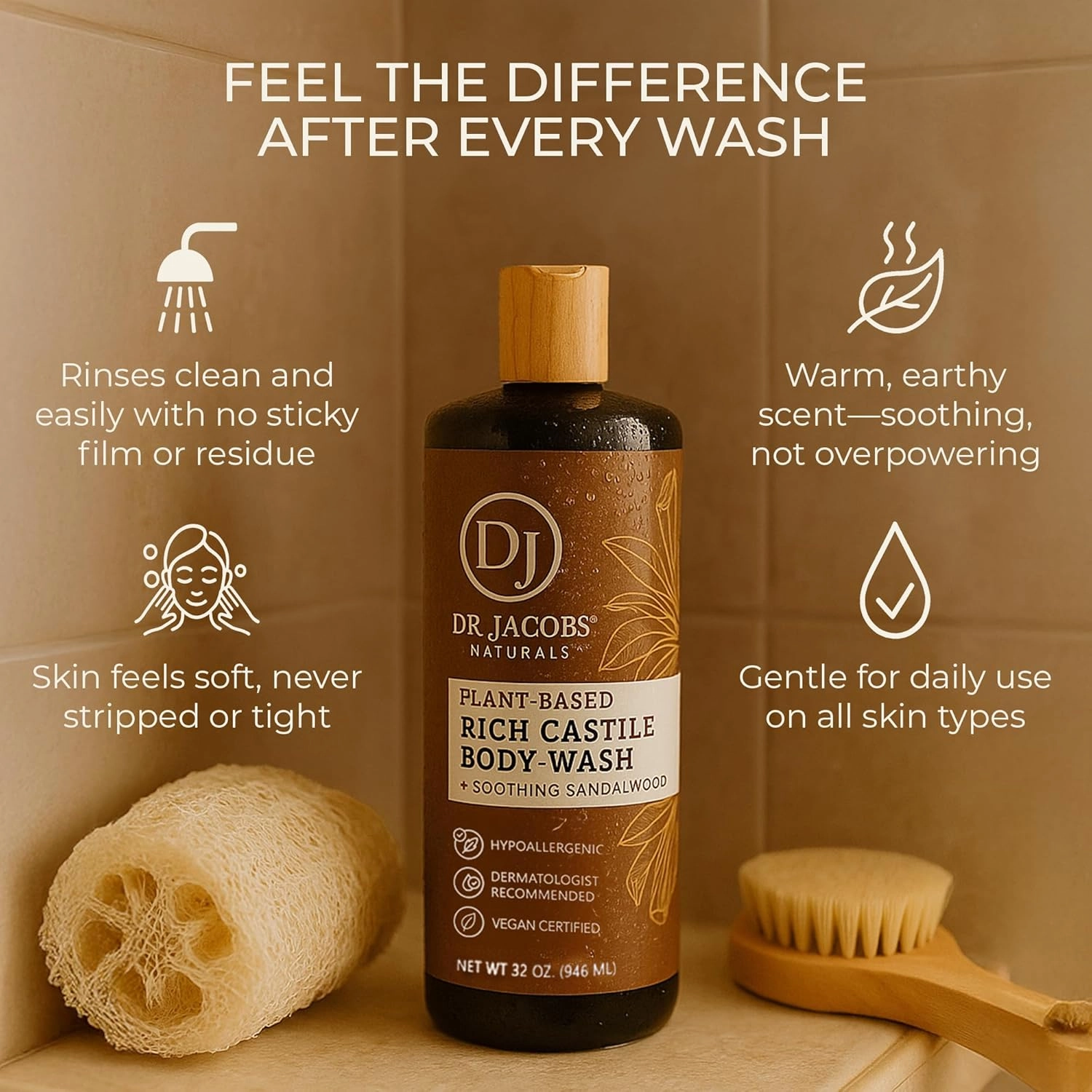 Dr. Jacobs Naturals Castile Sandalwood All-Natural Body Wash for Moisturizing Dry and Sensitive Skin with Plant-Based Ingredients with Pump - 32 Ounce