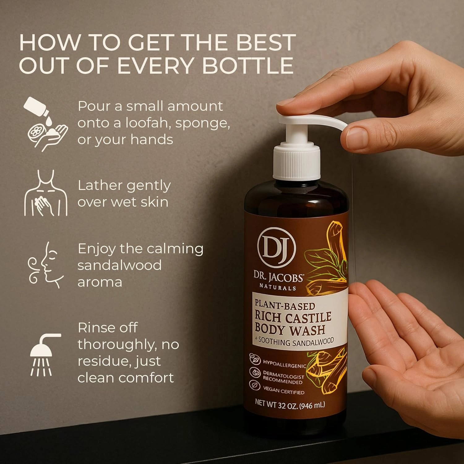 Dr. Jacobs Naturals Castile Sandalwood All-Natural Body Wash for Moisturizing Dry and Sensitive Skin with Plant-Based Ingredients with Pump - 32 Ounce